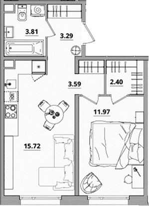 Планировка: Евродвушка 40,8 м² в ЖК «Тишин»