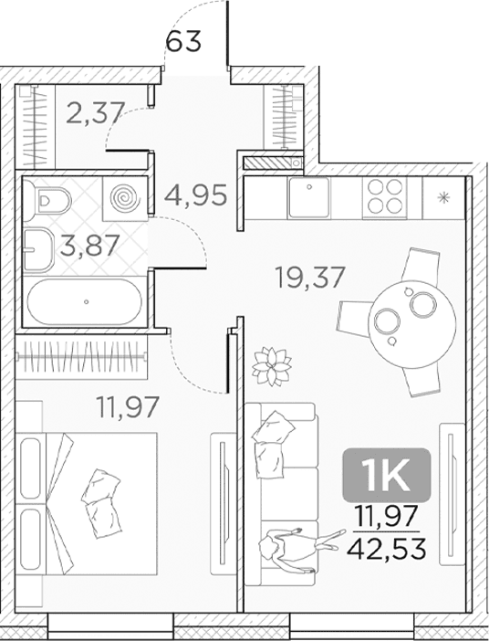 Планировка: Евродвушка 42,5 м² в ЖК «Гильдия»