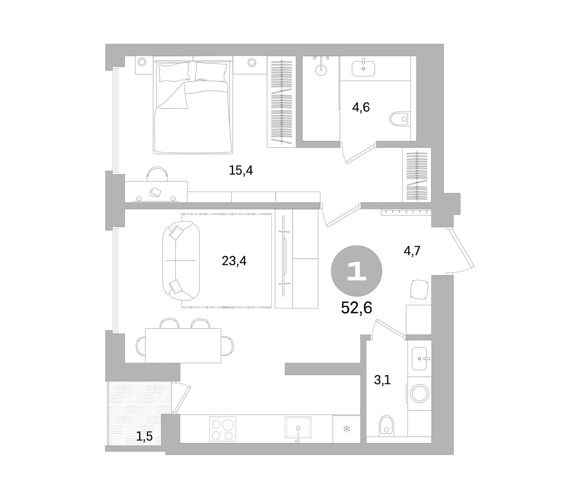 Планировка: Евродвушка 51,1 м² в ЖК «Северный ветер»