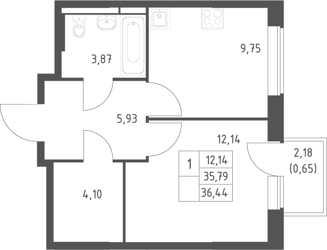 Планировка: 1-комнатная квартира 35,8 м² в ЖК «Большое Юрлово»