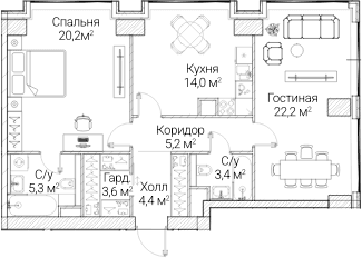 Планировка: 2-комнатная квартира 78,8 м² в ЖК «СЕЗАР БУДУЩЕЕ»