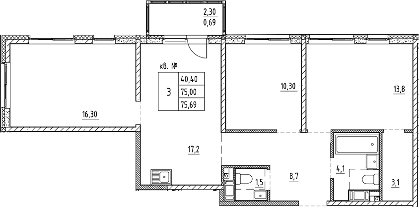 Планировка: Квартира евро-4 75 м² в ЖК «Плюс Пулковский»