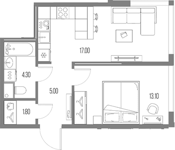 Планировка: 1-комнатная квартира 41,2 м² в ЖК «Северный Порт»