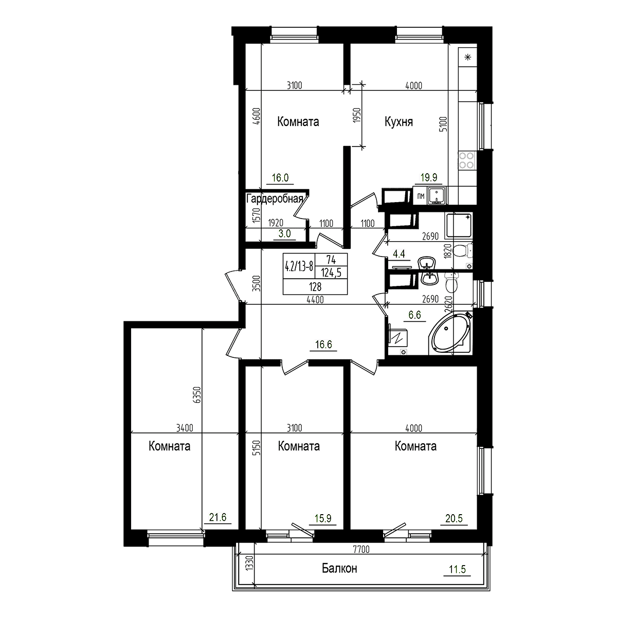 Планировка: Квартира евро-5 124,6 м² в ЖК «Прагма Сити»