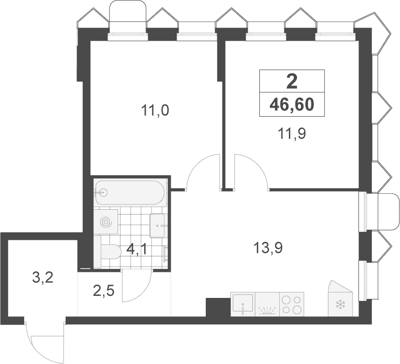 Планировка: 2-комнатная квартира 46,6 м² в ЖК «Деснаречье»