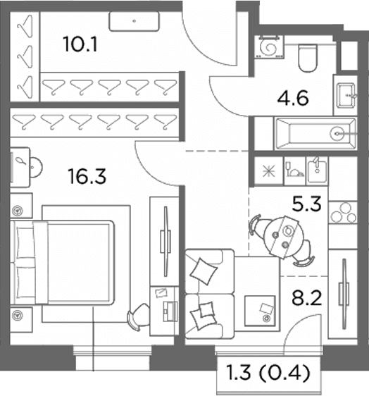Планировка: Евродвушка 44,5 м² в ЖК «Станиславский»