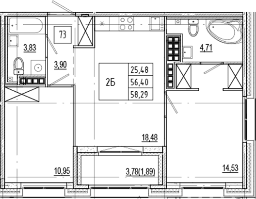 Планировка: Евротрёшка 56,4 м² в ЖК «Ranta Residence»