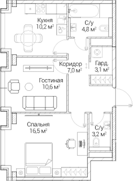 Планировка: 2-комнатная квартира 55,4 м² в ЖК «СЕЗАР БУДУЩЕЕ»