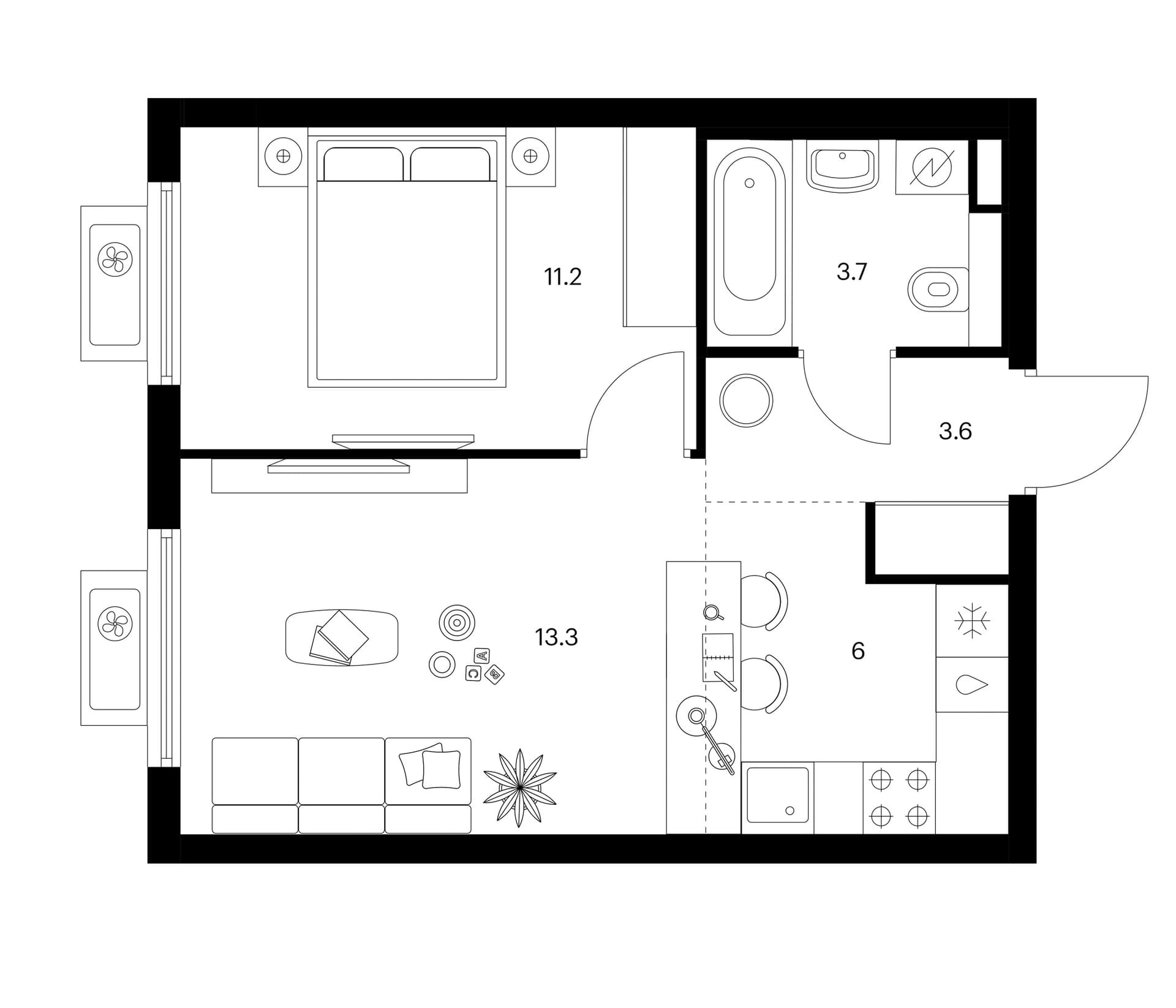 Планировка: Евродвушка 37,8 м² в ЖК «Белая Дача парк»