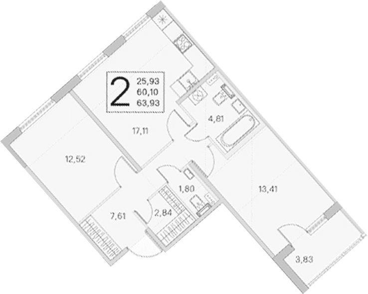 Планировка: Евротрёшка 60,1 м² в ЖК «Любоград в Стрельне»