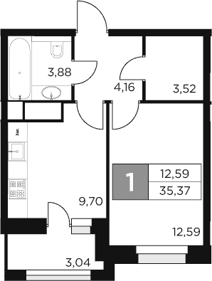 Планировка: 1-комнатная квартира 33,9 м² в ЖК «Восток 2»