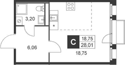 Планировка: Студия 28 м² в ЖК «Слобода»