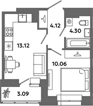 Планировка: Евродвушка 31,6 м² в ЖК «Загляденье»