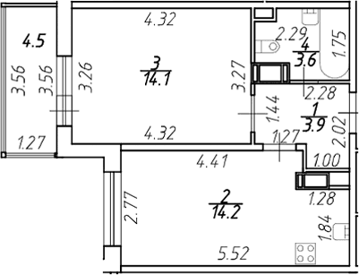 Планировка: Евродвушка 35,8 м² в ЖК «Полис ЛАВрики»