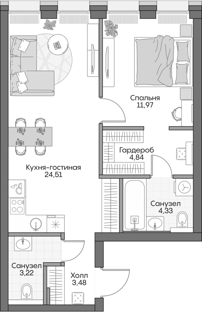 Планировка: Евродвушка 51,9 м² в ЖК «Инсайдер»