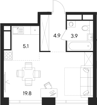 Планировка: Студия 33,7 м² в ЖК «Инди Тауэрз от Аквилон»
