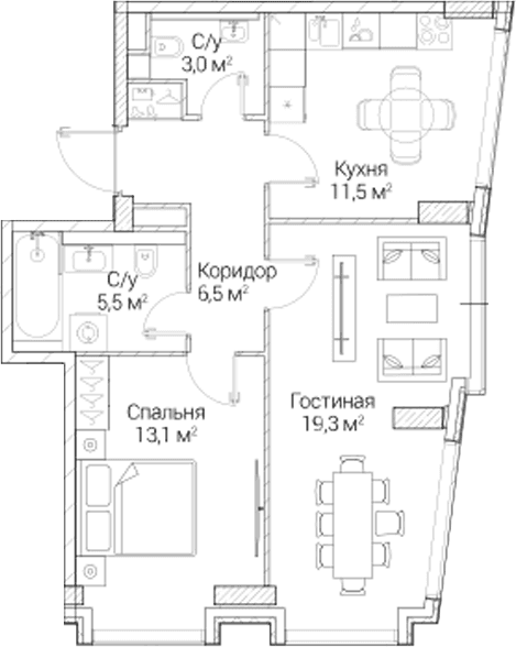 Планировка: 2-комнатная квартира 58,6 м² в ЖК «СЕЗАР БУДУЩЕЕ»