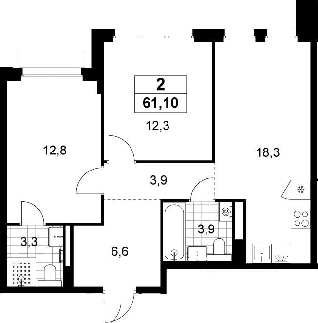 Планировка: Евротрёшка 61,1 м² в ЖК «Деснаречье»