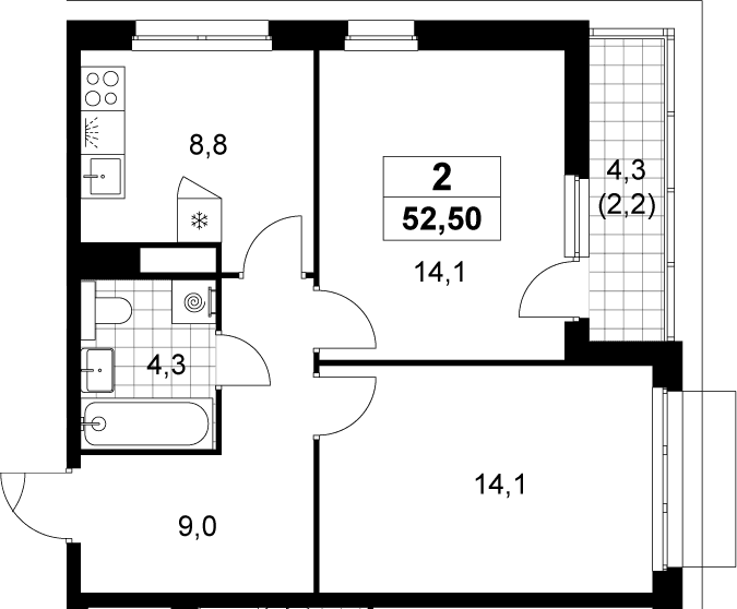 Планировка: 2-комнатная квартира 50,3 м² в ЖК «Деснаречье»