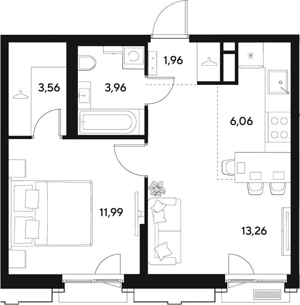 Планировка: Евродвушка 40,8 м² в ЖК «ЭВО»