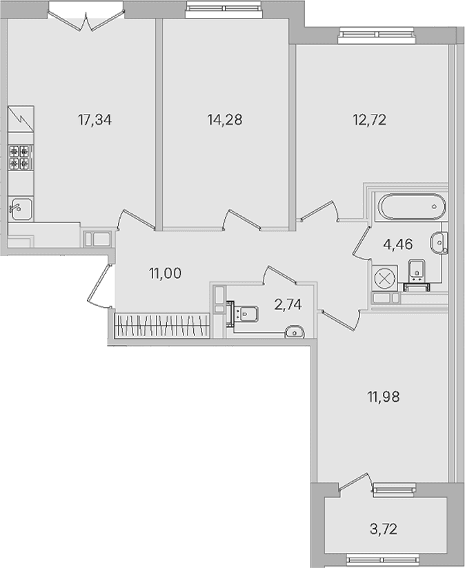 Планировка: 3-комнатная квартира 74,5 м² в ЖК «Дубровский»