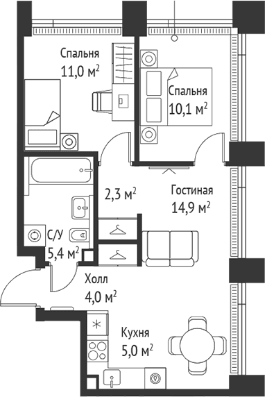 Планировка: Евротрёшка 52,7 м² в ЖК «СЕТ»