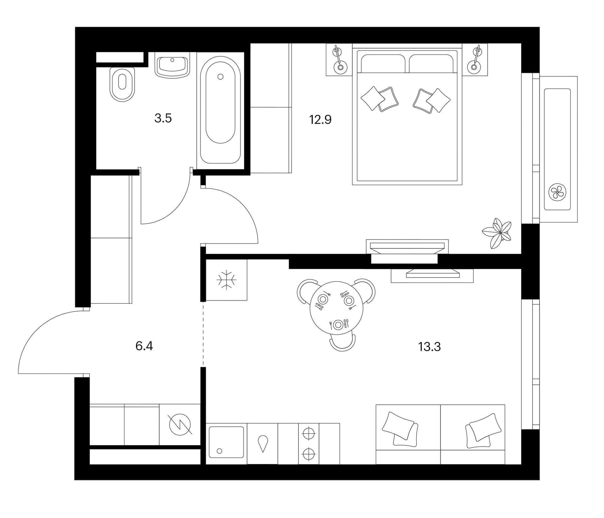 Планировка: 1-комнатная квартира 36,1 м² в ЖК «Зеленый парк»