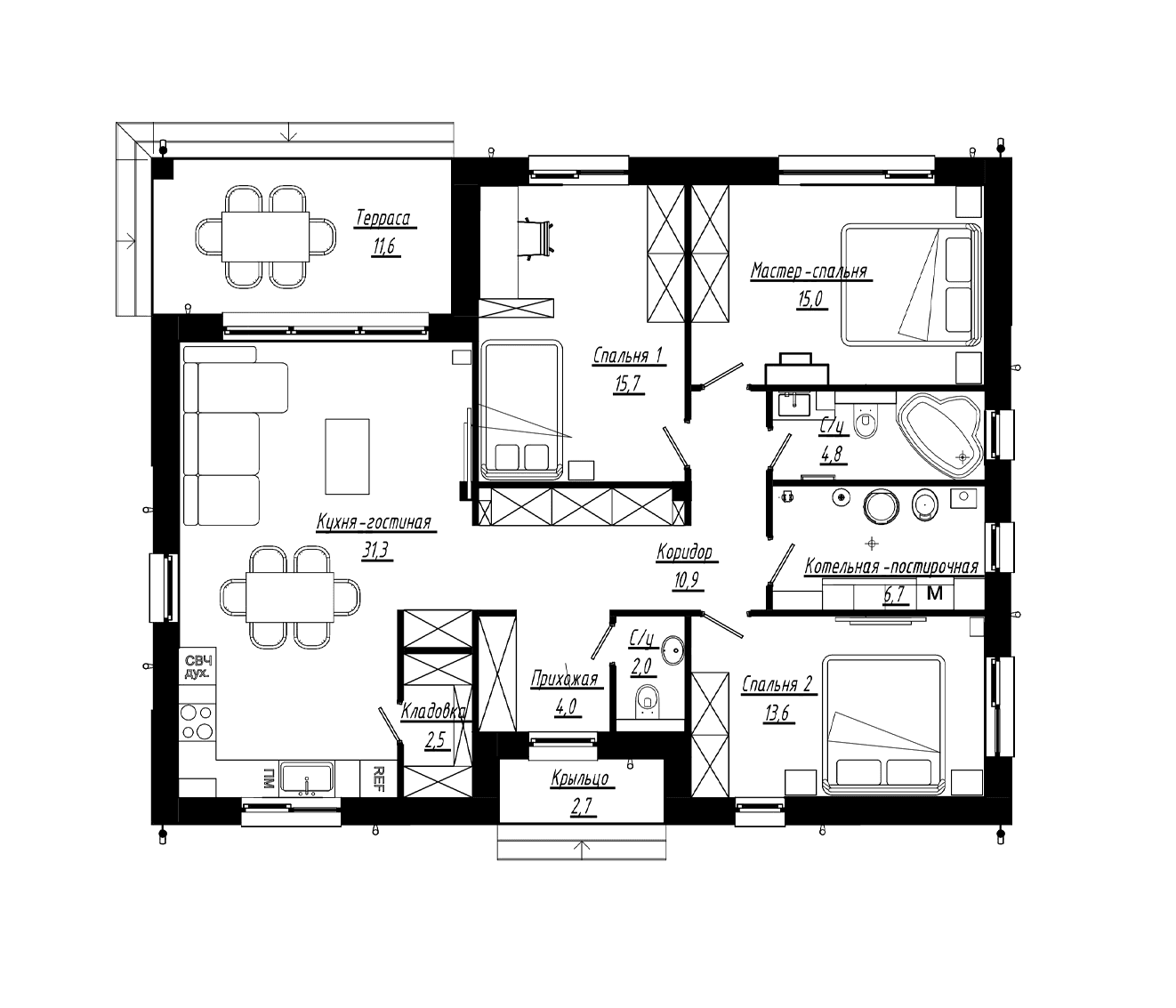 Планировка: Коттедж 113,4 м² в ЖК «Коттеджный поселок Юрьево берег»