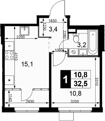 Планировка: 1-комнатная квартира 32,1 м² в ЖК «1-й Химкинский»