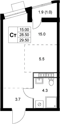 Планировка: Студия 28,5 м² в ЖК «Легенда Коренево»