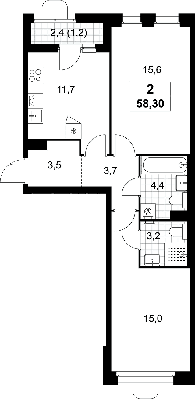 Планировка: 2-комнатная квартира 57,1 м² в ЖК «Прокшино»