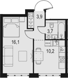 Планировка: 1-комнатная квартира 33,9 м² в ЖК «Левел Южнопортовая»