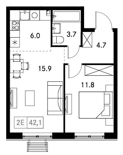 Планировка: Евродвушка 42,1 м² в ЖК «Новый Зеленоград»