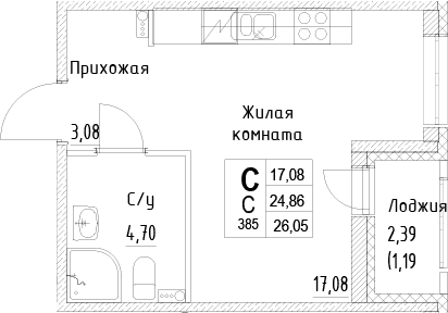 Планировка: Студия 24,9 м² в ЖК «ID Kudrovo II»
