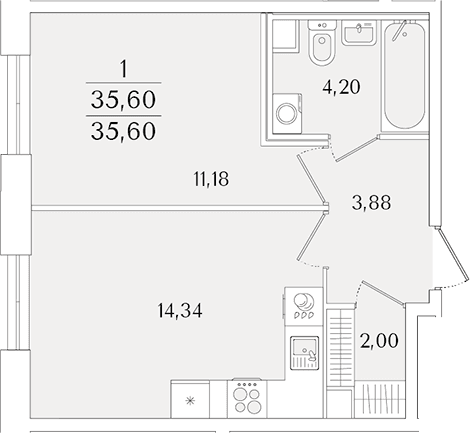 Планировка: Евродвушка 35,6 м² в ЖК «Кинопарк»