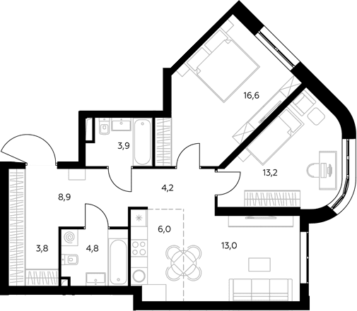 Планировка: Евротрёшка 76,1 м² в ЖК «Адмирал»