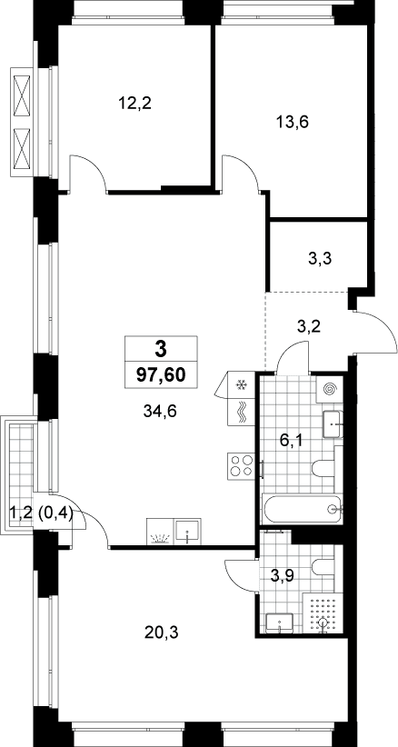 Планировка: Квартира евро-4 97,2 м² в ЖК «Хольм»
