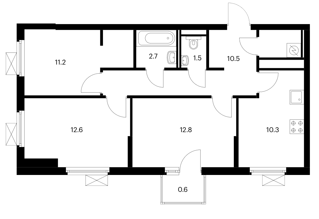 Планировка: 3-комнатная квартира 63,8 м² в ЖК «Белая Дача парк»