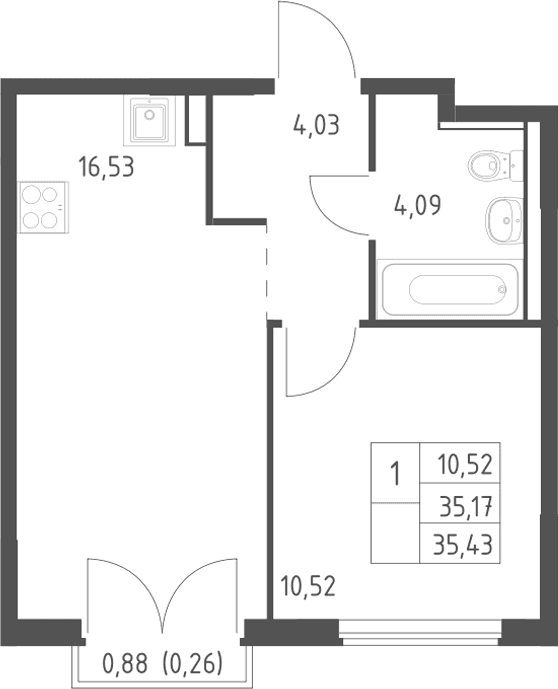 Планировка: Евродвушка 35,2 м² в ЖК «Егорово парк»