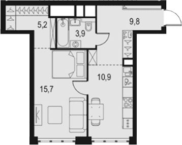 Планировка: 1-комнатная квартира 45,5 м² в ЖК «Левел Южнопортовая»