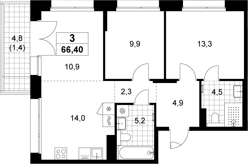 Планировка: Евротрёшка 65 м² в ЖК «Хольм»