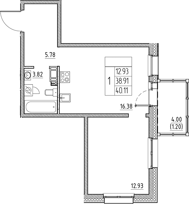 Планировка: Евродвушка 38,9 м² в ЖК «Сезоны»