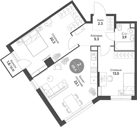 Планировка: Евротрёшка 67,9 м² в ЖК «Соколинн Парк»