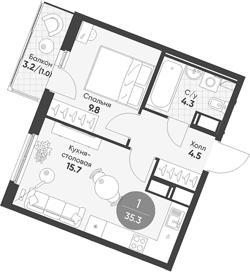 Планировка: Евродвушка 34,3 м² в ЖК «Клюква.Парк»