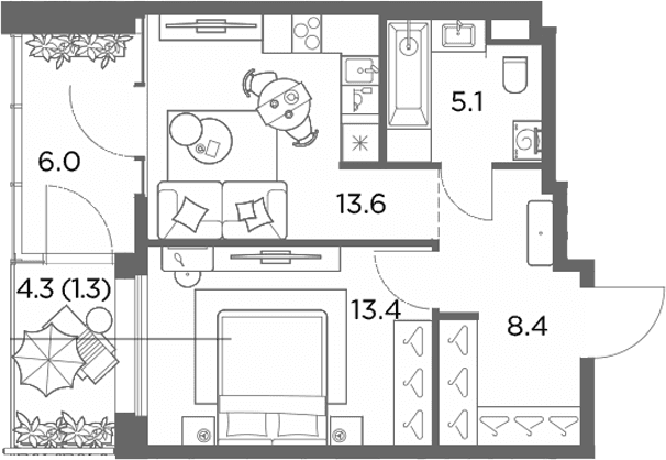 Планировка: 1-комнатная квартира 46,5 м² в ЖК «Станиславский»