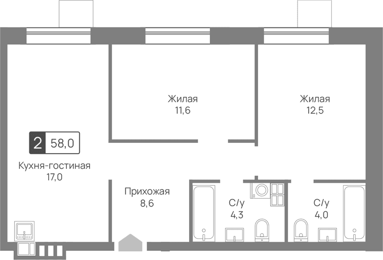 Планировка: Евротрёшка 58 м² в ЖК «Лесная Отрада»
