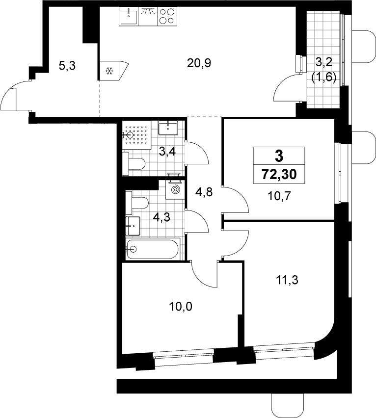 Планировка: Квартира евро-4 70,7 м² в ЖК «Прокшино»