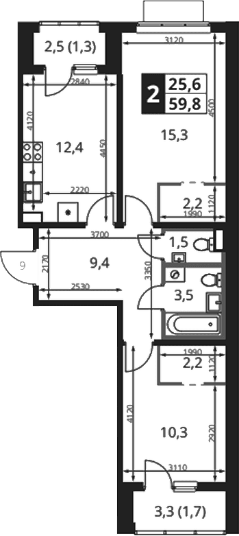 Планировка: 2-комнатная квартира 56,8 м² в ЖК «1-й Ясеневский»