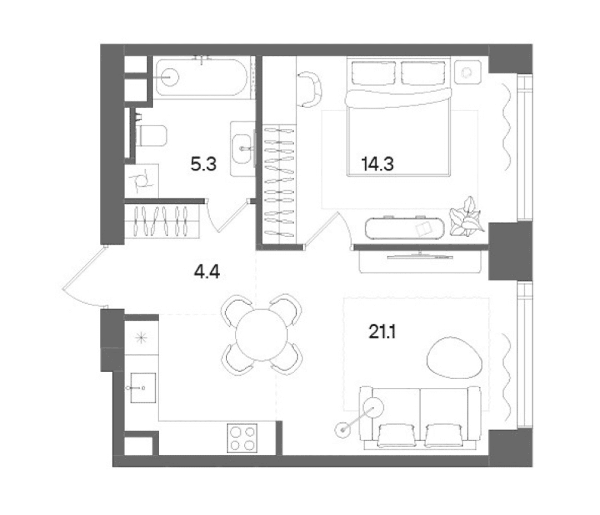Планировка: Евродвушка 45,1 м² в ЖК «СТОУН Блик»