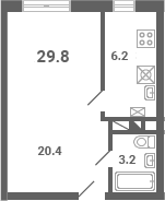 Планировка: 1-комнатная квартира 29,8 м² в ЖК «Южная Долина»